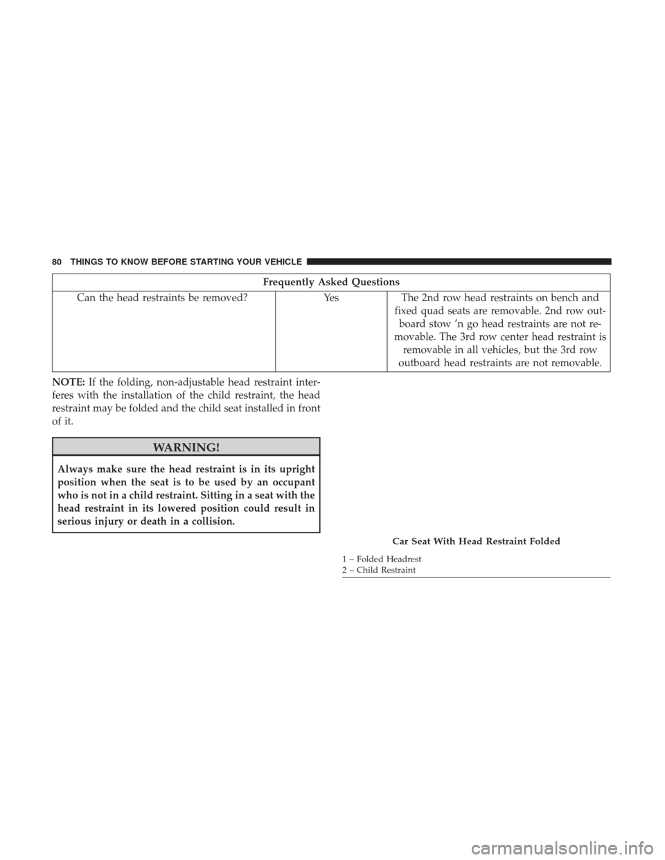 DODGE GRAND CARAVAN 2017 5.G Owners Manual Frequently Asked Questions
Can the head restraints be removed? YesThe 2nd row head restraints on bench and
fixed quad seats are removable. 2nd row out- board stow ’n go head restraints are not re-
m