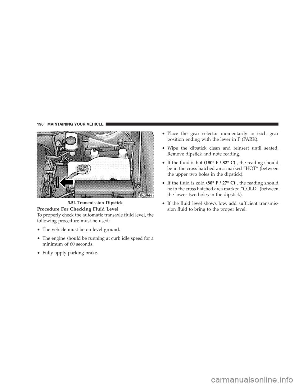 DODGE INTREPID 2004 2.G Owners Manual Procedure For Checking Fluid Level
To properly check the automatic transaxle fluid level, the
following procedure must be used:
•The vehicle must be on level ground.
•The engine should be running 