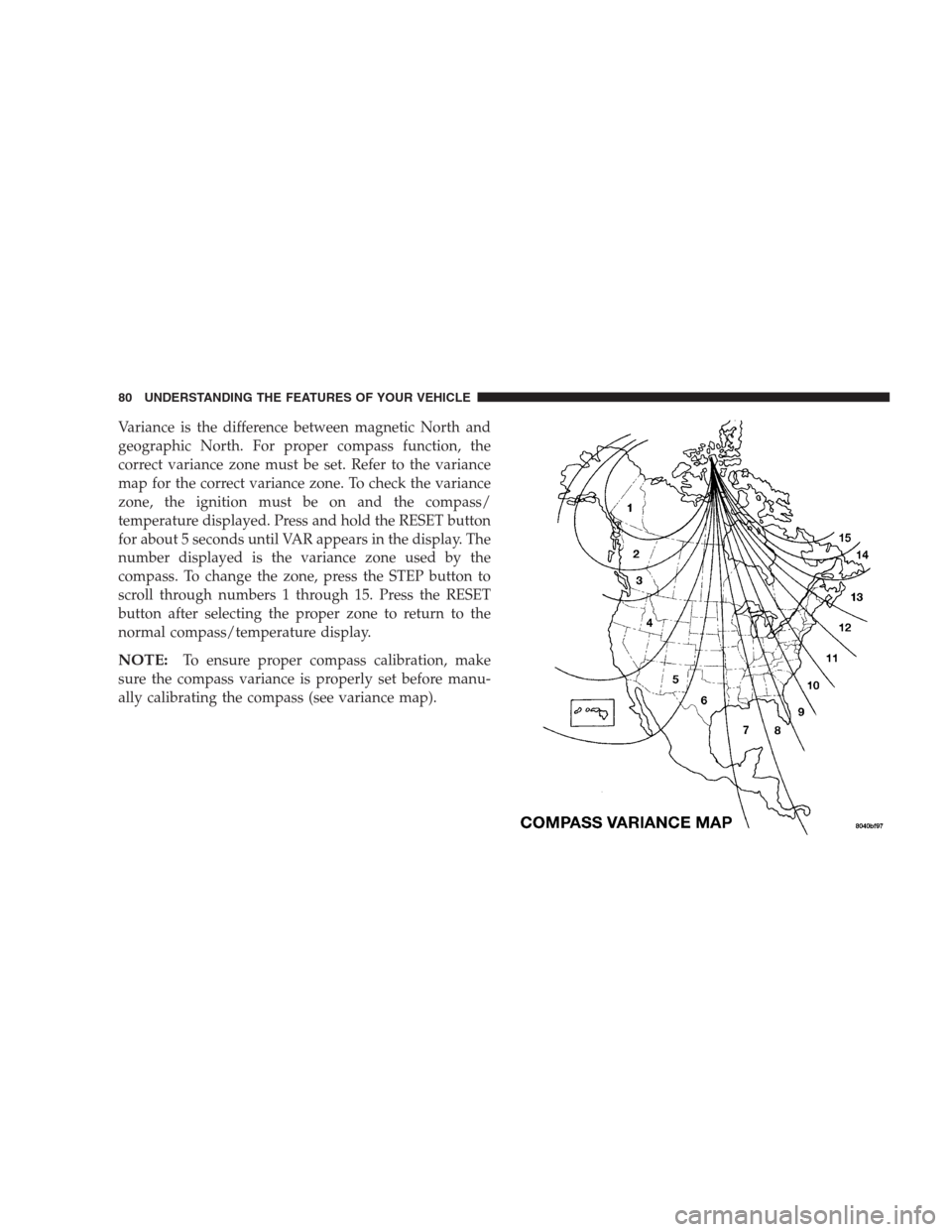 DODGE INTREPID 2004 2.G Manual PDF Variance is the difference between magnetic North and
geographic North. For proper compass function, the
correct variance zone must be set. Refer to the variance
map for the correct variance zone. To 