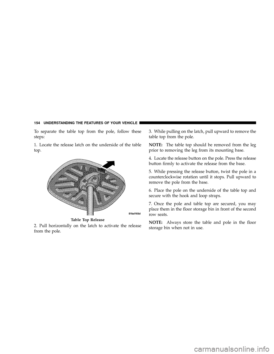 DODGE GRAND CARAVAN 2008 5.G Owners Manual To separate the table top from the pole, follow these
steps:
1. Locate the release latch on the underside of the table
top.
2. Pull horizontally on the latch to activate the release
from the pole.3. W