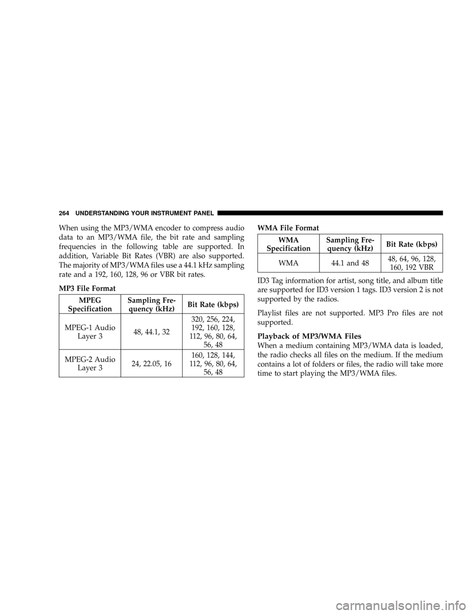 DODGE GRAND CARAVAN 2008 5.G Owners Manual When using the MP3/WMA encoder to compress audio
data to an MP3/WMA file, the bit rate and sampling
frequencies in the following table are supported. In
addition, Variable Bit Rates (VBR) are also sup DODGE GRAND CARAVAN 2008 5.G Owners Manual When using the MP3/WMA encoder to compress audio
data to an MP3/WMA file, the bit rate and sampling
frequencies in the following table are supported. In
addition, Variable Bit Rates (VBR) are also sup