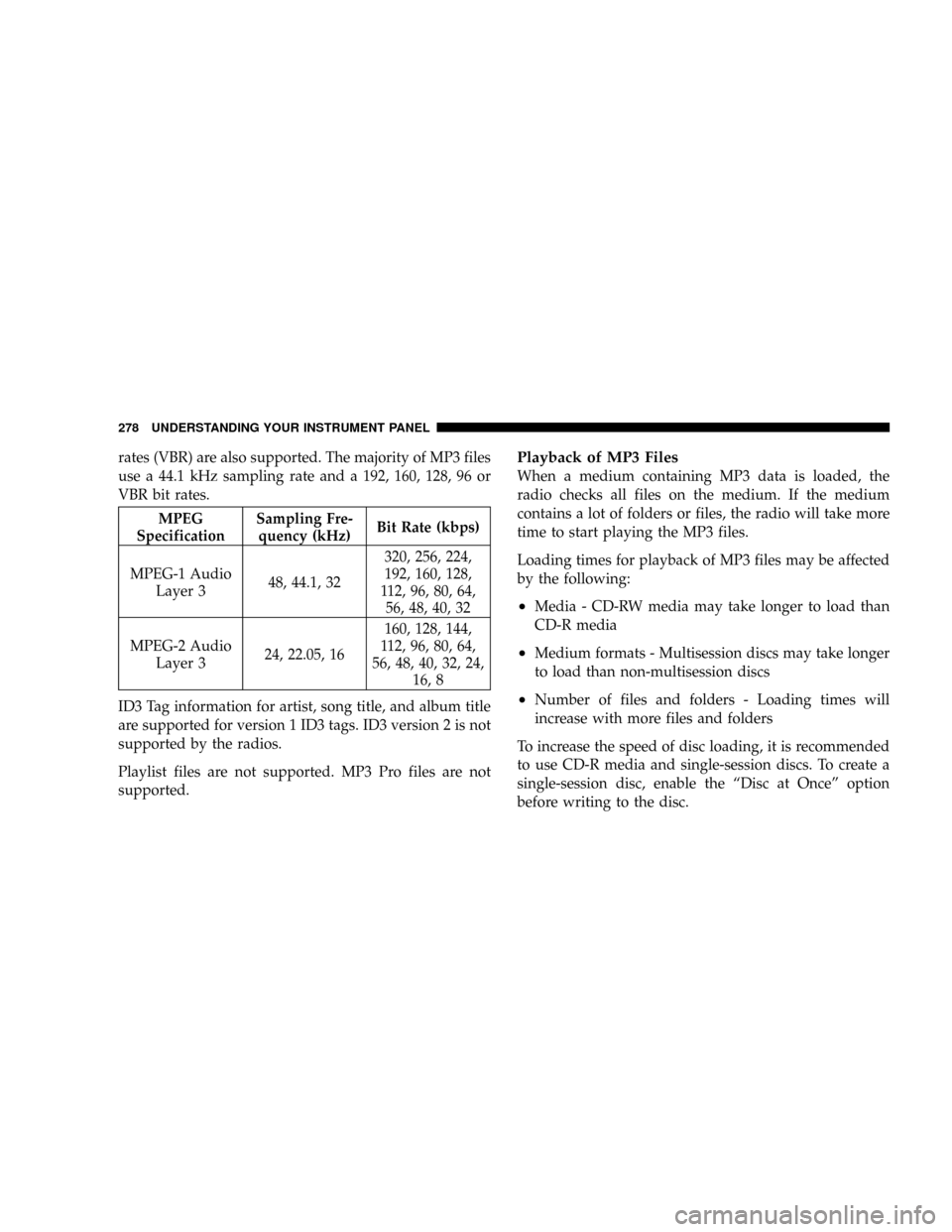 DODGE GRAND CARAVAN 2008 5.G Owners Manual rates (VBR) are also supported. The majority of MP3 files
use a 44.1 kHz sampling rate and a 192, 160, 128, 96 or
VBR bit rates.
MPEG
SpecificationSampling Fre-
quency (kHz)Bit Rate (kbps)
MPEG-1 Audi DODGE GRAND CARAVAN 2008 5.G Owners Manual rates (VBR) are also supported. The majority of MP3 files
use a 44.1 kHz sampling rate and a 192, 160, 128, 96 or
VBR bit rates.
MPEG
SpecificationSampling Fre-
quency (kHz)Bit Rate (kbps)
MPEG-1 Audi