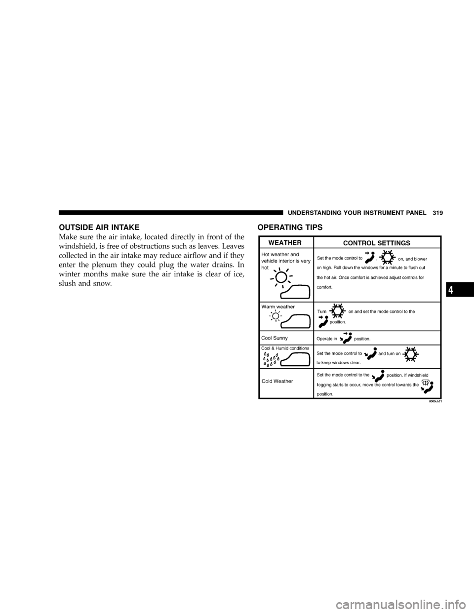 DODGE GRAND CARAVAN 2008 5.G Owners Manual OUTSIDE AIR INTAKE
Make sure the air intake, located directly in front of the
windshield, is free of obstructions such as leaves. Leaves
collected in the air intake may reduce airflow and if they
ente DODGE GRAND CARAVAN 2008 5.G Owners Manual OUTSIDE AIR INTAKE
Make sure the air intake, located directly in front of the
windshield, is free of obstructions such as leaves. Leaves
collected in the air intake may reduce airflow and if they
ente
