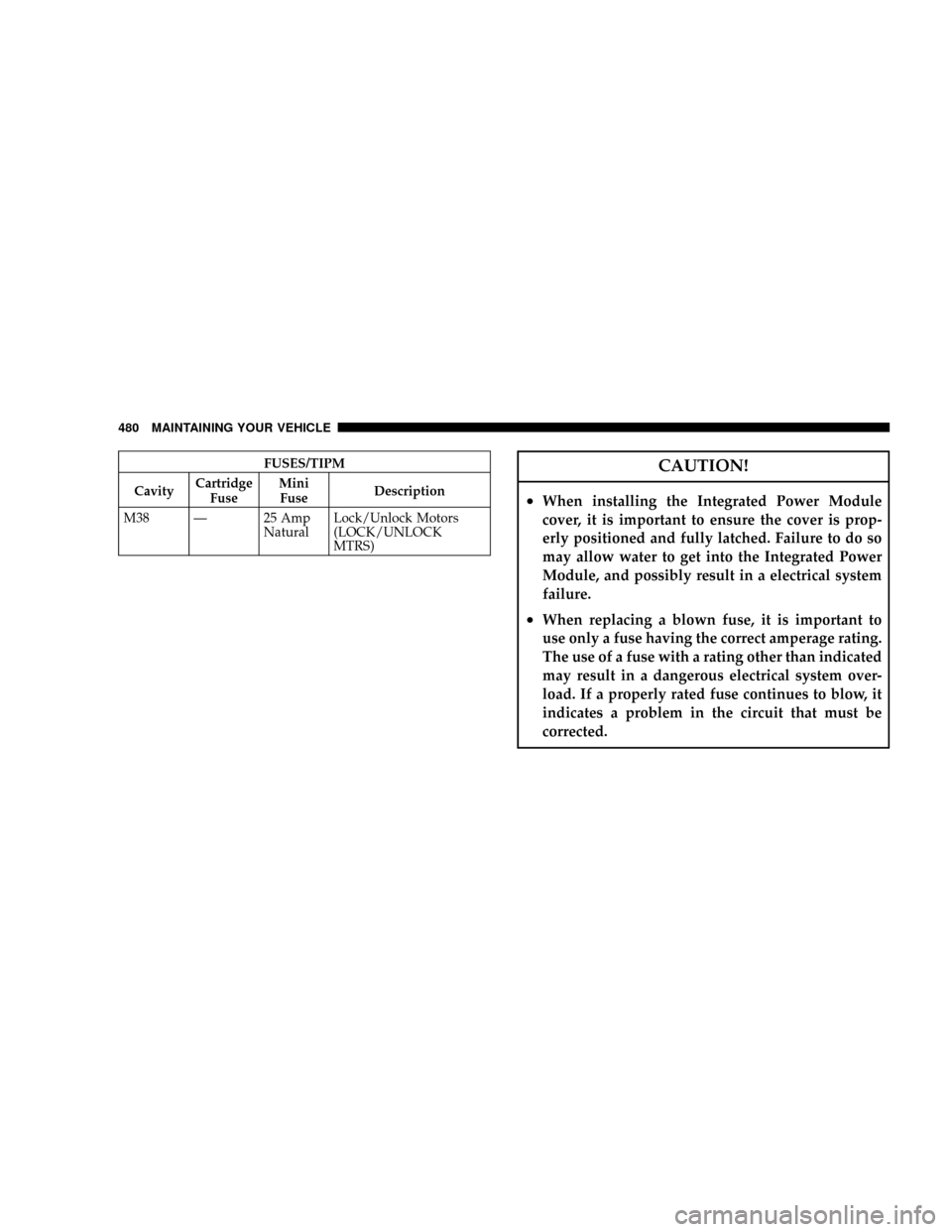 DODGE GRAND CARAVAN 2008 5.G Owners Manual FUSES/TIPM
CavityCartridge
FuseMini
FuseDescription
M38 Ð 25 Amp
NaturalLock/Unlock Motors
(LOCK/UNLOCK
MTRS)CAUTION!
²When installing the Integrated Power Module
cover, it is important to ensure th DODGE GRAND CARAVAN 2008 5.G Owners Manual FUSES/TIPM
CavityCartridge
FuseMini
FuseDescription
M38 Ð 25 Amp
NaturalLock/Unlock Motors
(LOCK/UNLOCK
MTRS)CAUTION!
²When installing the Integrated Power Module
cover, it is important to ensure th