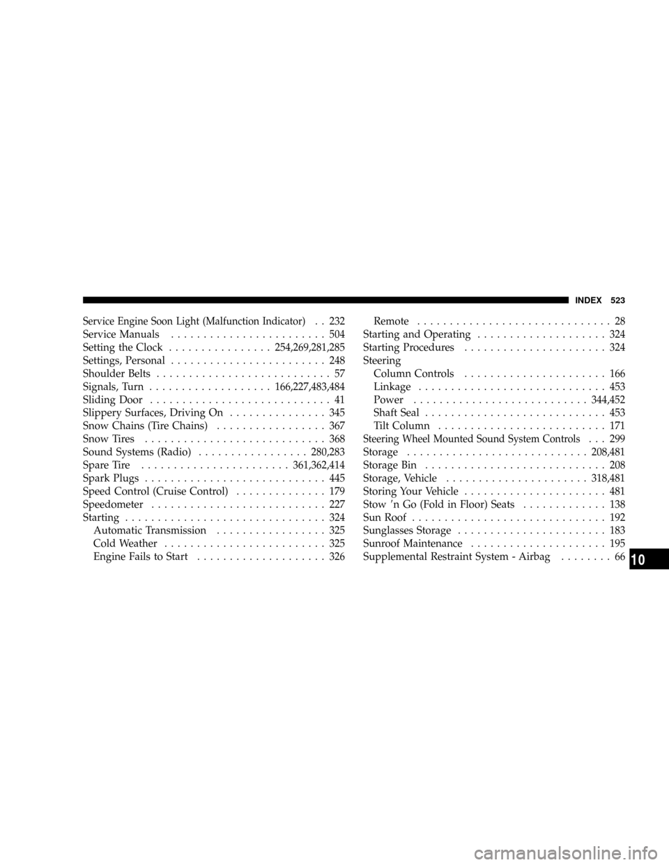 DODGE GRAND CARAVAN 2008 5.G Owners Manual Service Engine Soon Light (Malfunction Indicator). . 232
Service Manuals........................ 504
Setting the Clock................254,269,281,285
Settings, Personal........................ 248
Sho DODGE GRAND CARAVAN 2008 5.G Owners Manual Service Engine Soon Light (Malfunction Indicator). . 232
Service Manuals........................ 504
Setting the Clock................254,269,281,285
Settings, Personal........................ 248
Sho