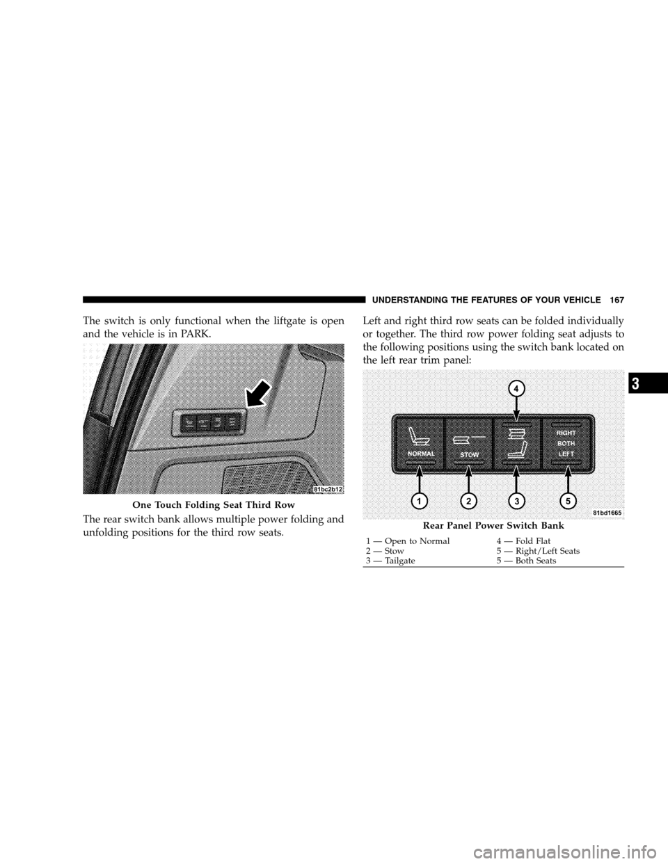 DODGE GRAND CARAVAN 2009 5.G Owners Manual The switch is only functional when the liftgate is open
and the vehicle is in PARK.
The rear switch bank allows multiple power folding and
unfolding positions for the third row seats.Left and right th DODGE GRAND CARAVAN 2009 5.G Owners Manual The switch is only functional when the liftgate is open
and the vehicle is in PARK.
The rear switch bank allows multiple power folding and
unfolding positions for the third row seats.Left and right th