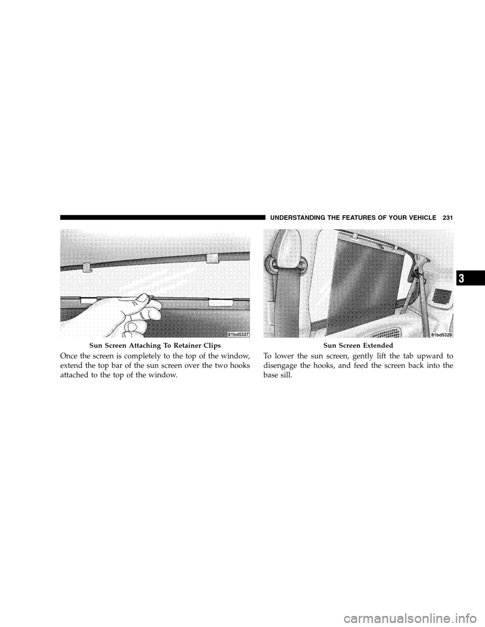 DODGE GRAND CARAVAN 2009 5.G Owners Manual Once the screen is completely to the top of the window,
extend the top bar of the sun screen over the two hooks
attached to the top of the window.To lower the sun screen, gently lift the tab upward to
