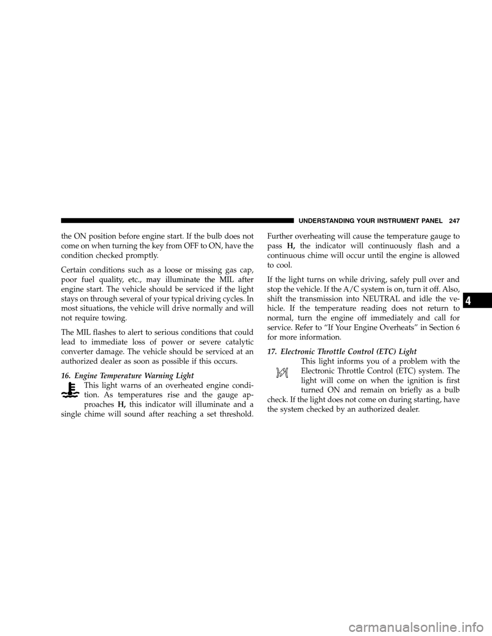 DODGE GRAND CARAVAN 2009 5.G Owners Manual the ON position before engine start. If the bulb does not
come on when turning the key from OFF to ON, have the
condition checked promptly.
Certain conditions such as a loose or missing gas cap,
poor 