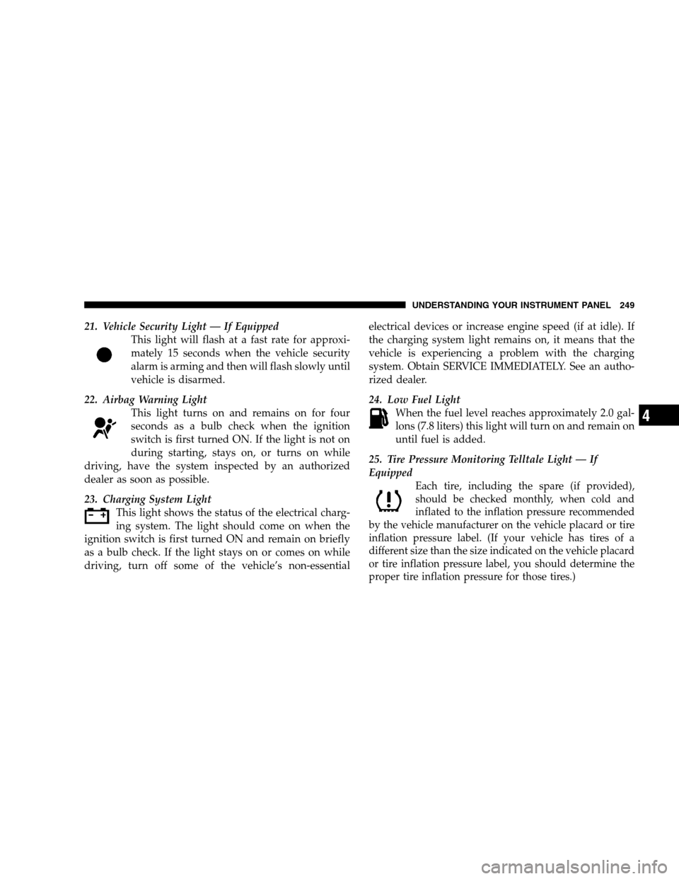 DODGE GRAND CARAVAN 2009 5.G Owners Manual 21. Vehicle Security Light — If EquippedThis light will flash at a fast rate for approxi-
mately 15 seconds when the vehicle security
alarm is arming and then will flash slowly until
vehicle is disa