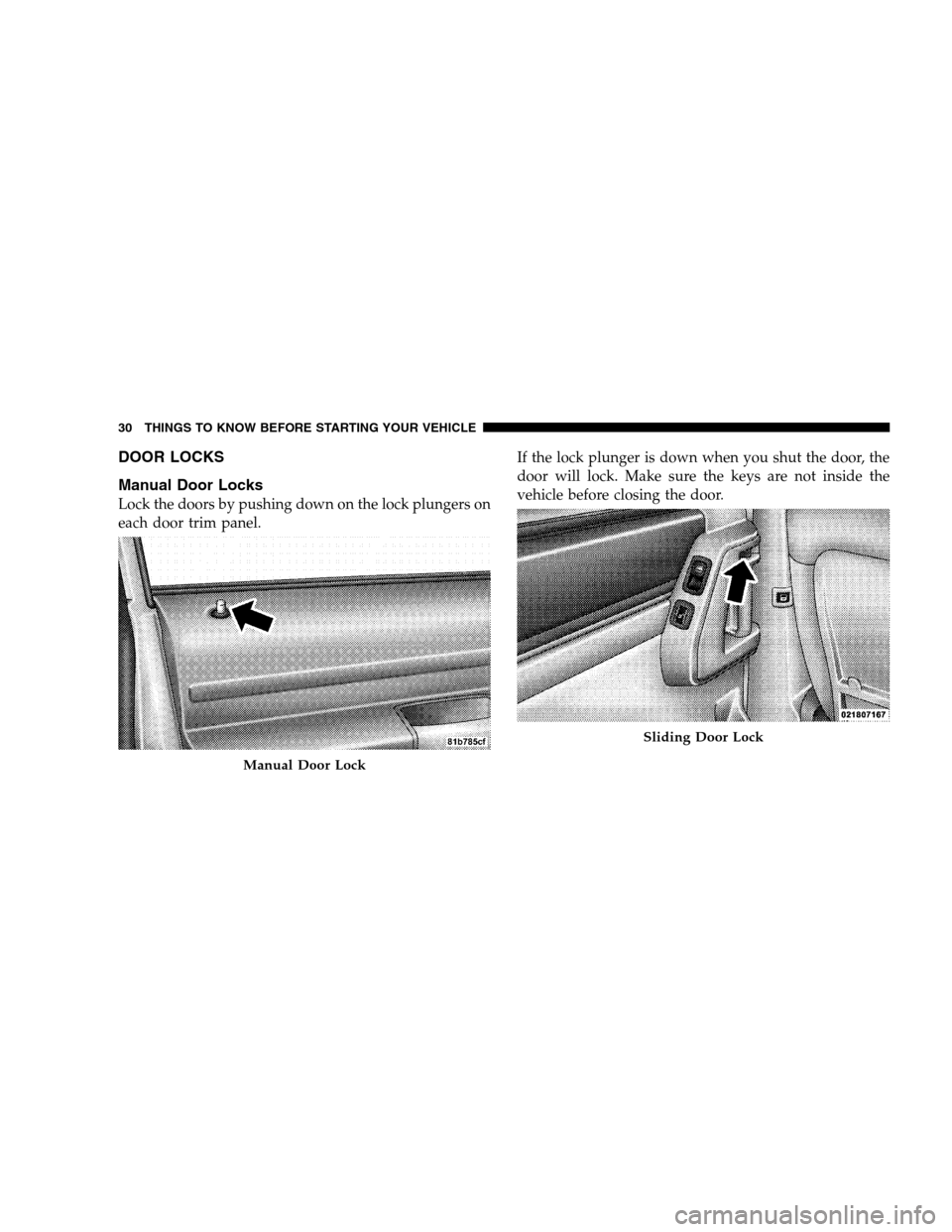 DODGE GRAND CARAVAN 2009 5.G Owners Guide DOOR LOCKS
Manual Door
Locks
Lock the doors by pushing down on the lock plungers on
each door trim panel. If the lock plunger is down when you shut the door, the
door will lock. Make sure the keys are