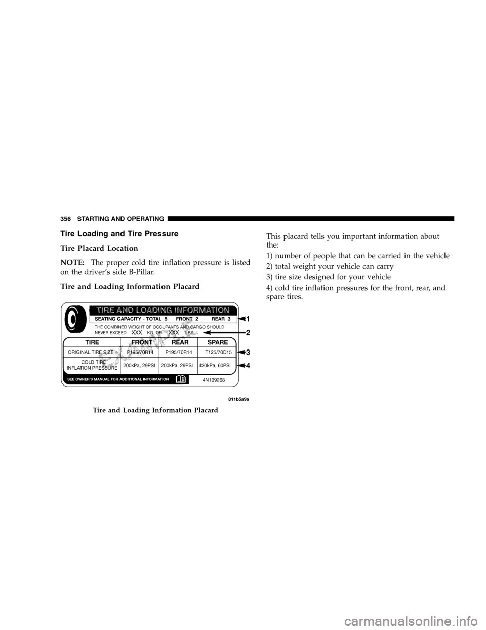 DODGE GRAND CARAVAN 2009 5.G Owners Manual Tire Loading and Tire Pressure
Tire
Placard Location
NOTE: The proper cold tire inflation pressure is listed
on the driver’s side B-Pillar.
Tire and Loading Information Placard
This placard tells yo