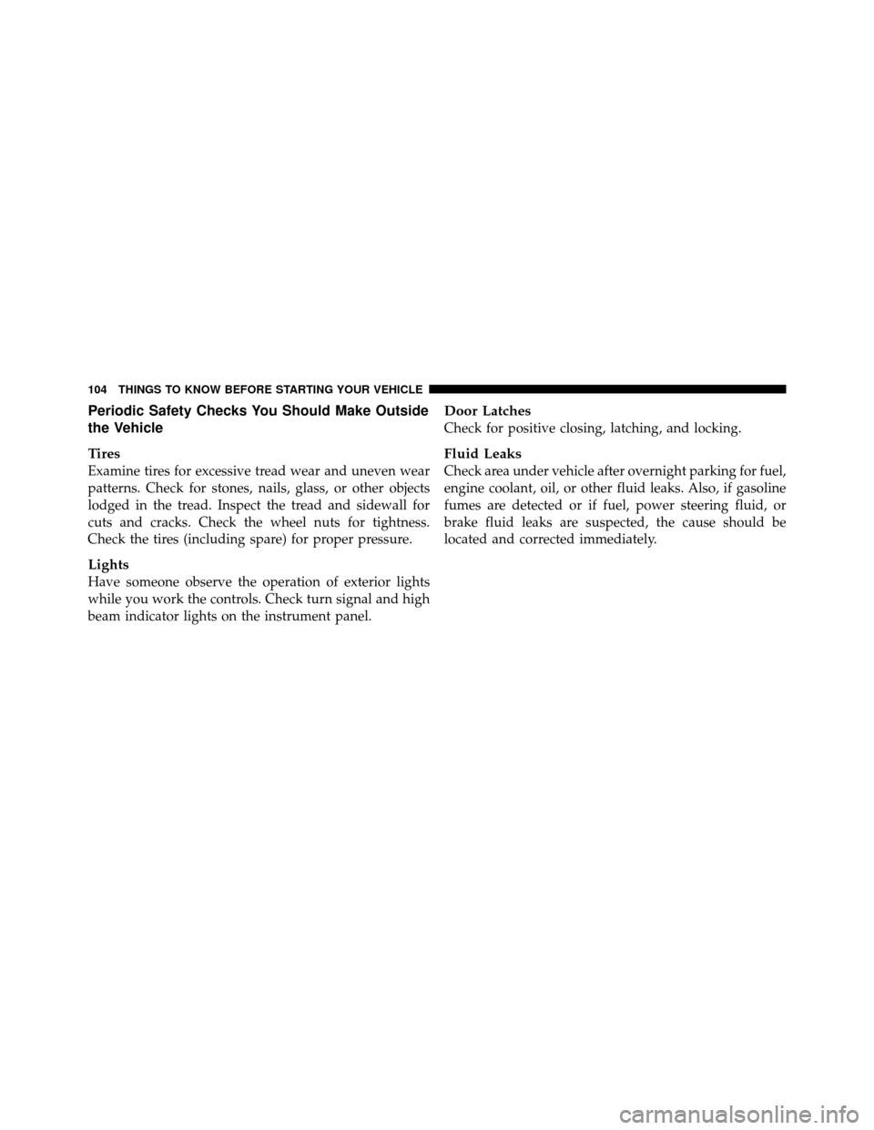 DODGE GRAND CARAVAN 2010 5.G Owners Manual 
Periodic Safety Checks You Should Make Outside
the Vehicle
Tires
Examine tires for excessive tread wear and uneven wear
patterns. Check for stones, nails, glass, or other objects
lodged in the tread.