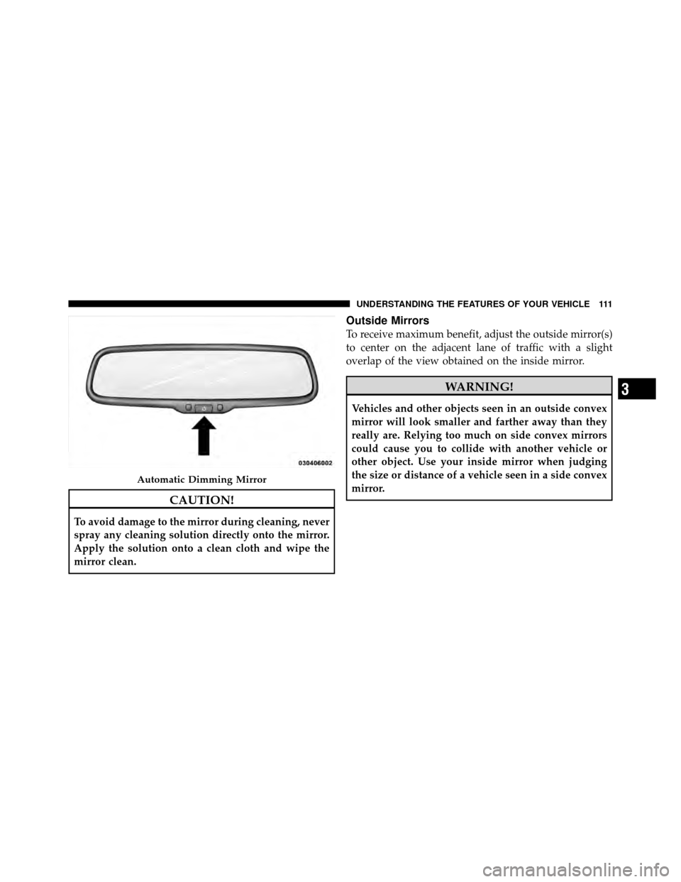 DODGE GRAND CARAVAN 2010 5.G Owners Manual 
CAUTION!
To avoid damage to the mirror during cleaning, never
spray any cleaning solution directly onto the mirror.
Apply the solution onto a clean cloth and wipe the
mirror clean.
Outside Mirrors
To