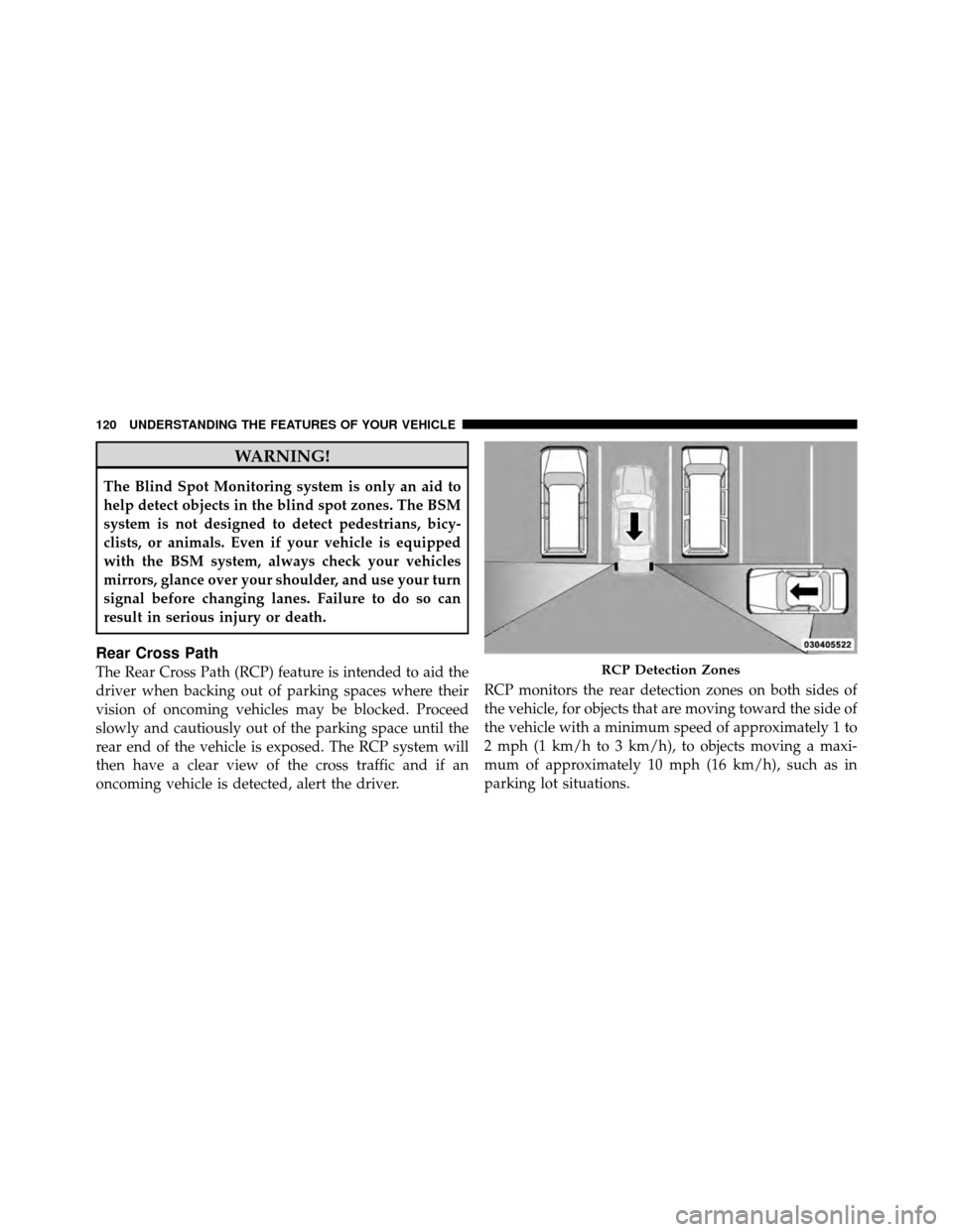 DODGE GRAND CARAVAN 2010 5.G Owners Manual 
WARNING!
The Blind Spot Monitoring system is only an aid to
help detect objects in the blind spot zones. The BSM
system is not designed to detect pedestrians, bicy-
clists, or animals. Even if your v