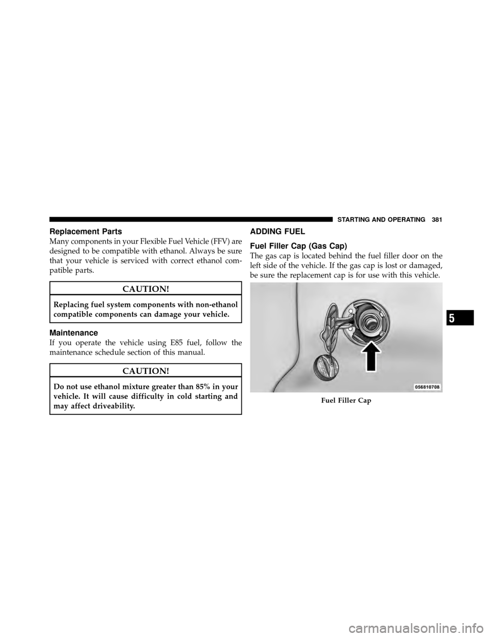 DODGE GRAND CARAVAN 2010 5.G Owners Manual 
Replacement Parts
Many components in your Flexible Fuel Vehicle (FFV) are
designed to be compatible with ethanol. Always be sure
that your vehicle is serviced with correct ethanol com-
patible parts.