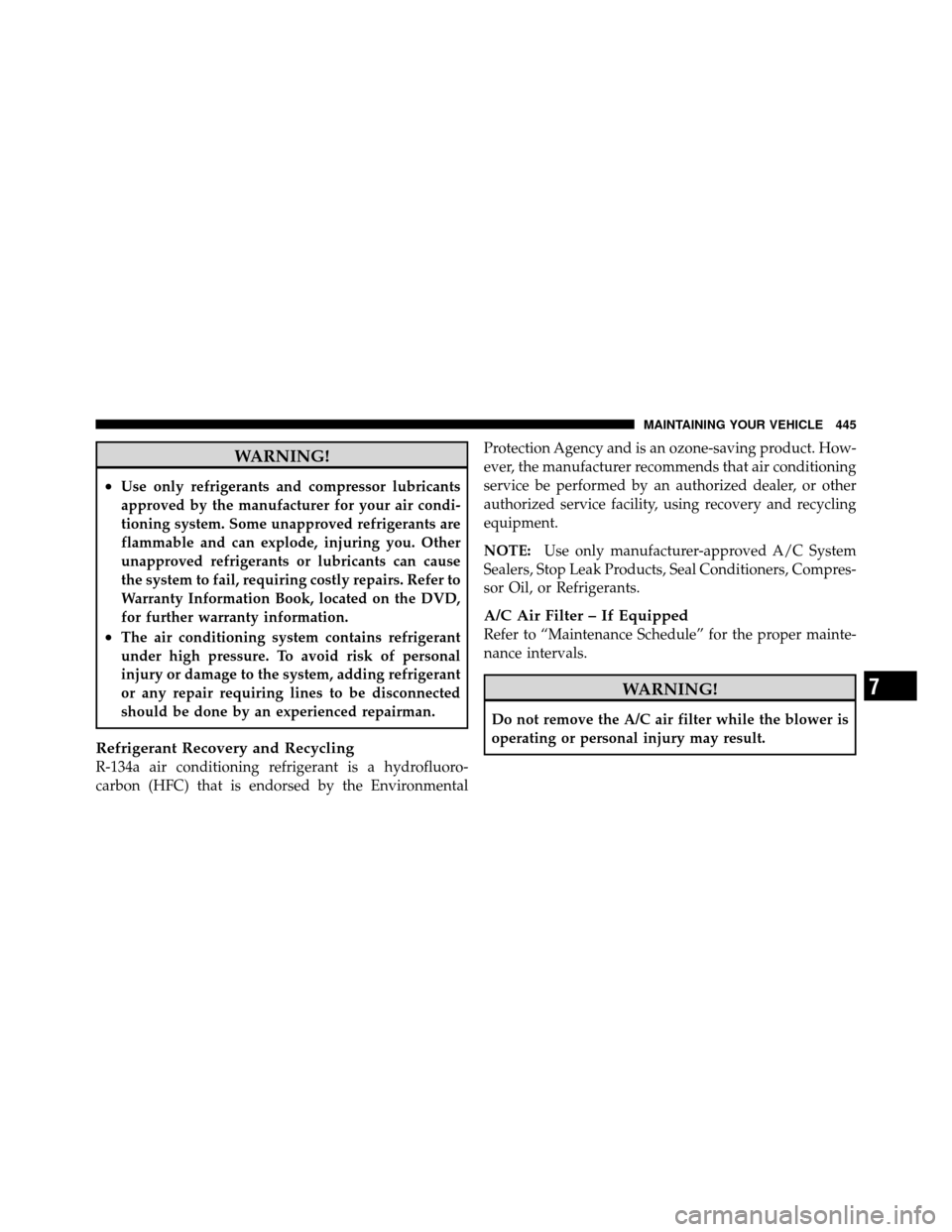 DODGE GRAND CARAVAN 2010 5.G User Guide 
WARNING!
•Use only refrigerants and compressor lubricants
approved by the manufacturer for your air condi-
tioning system. Some unapproved refrigerants are
flammable and can explode, injuring you. 