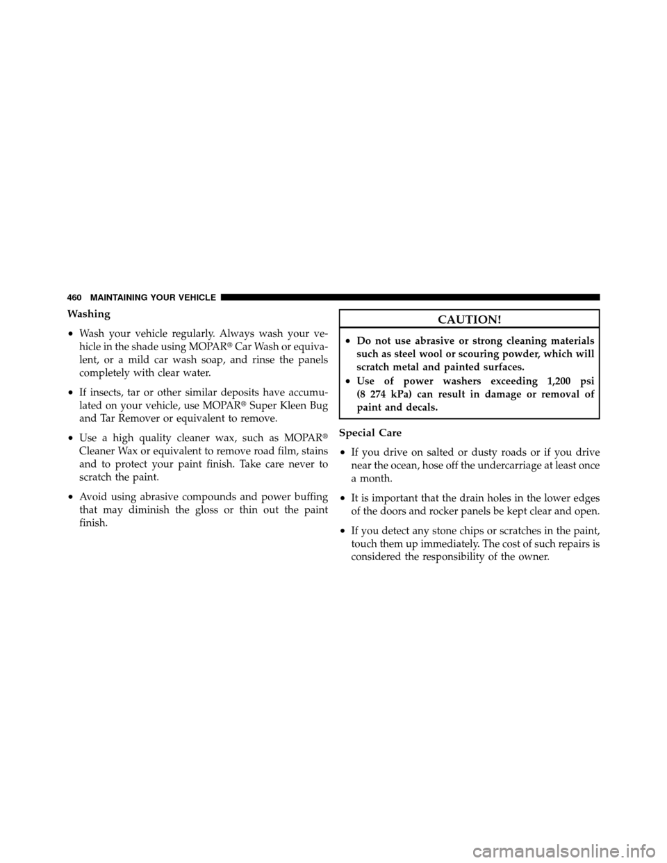 DODGE GRAND CARAVAN 2010 5.G Owners Manual 
Washing
•
Wash your vehicle regularly. Always wash your ve-
hicle in the shade using MOPARCar Wash or equiva-
lent, or a mild car wash soap, and rinse the panels
completely with clear water.
•If