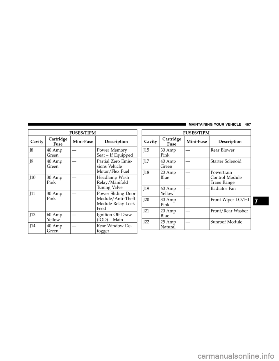 DODGE GRAND CARAVAN 2010 5.G Owners Manual 
FUSES/TIPM
Cavity Cartridge
Fuse Mini-Fuse Description
J8 40 Amp Green — Power Memory
Seat – If Equipped
J9 40 Amp Green — Partial Zero Emis-
sions Vehicle
Motor/Flex Fuel
J10 30 Amp Pink — H