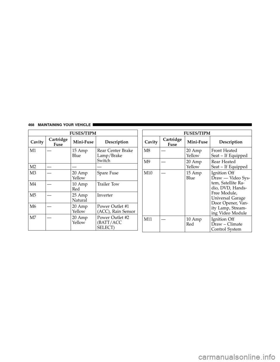 DODGE GRAND CARAVAN 2010 5.G Owners Manual 
FUSES/TIPM
Cavity Cartridge
Fuse Mini-Fuse Description
M1 — 15 Amp BlueRear Center Brake
Lamp/Brake
Switch
M2———
M3 — 20 Amp YellowSpare Fuse
M4 — 10 Amp RedTrailer Tow
M5 — 25 Amp Natu