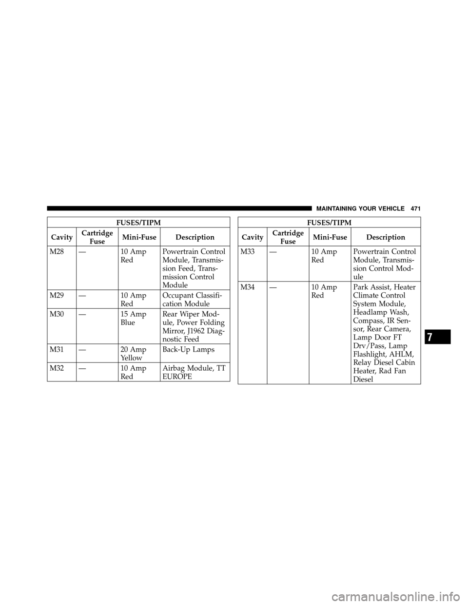 DODGE GRAND CARAVAN 2010 5.G Owners Manual 
FUSES/TIPM
Cavity Cartridge
Fuse Mini-Fuse Description
M28 — 10 Amp RedPowertrain Control
Module, Transmis-
sion Feed, Trans-
mission Control
Module
M29 — 10 Amp RedOccupant Classifi-
cation Modu