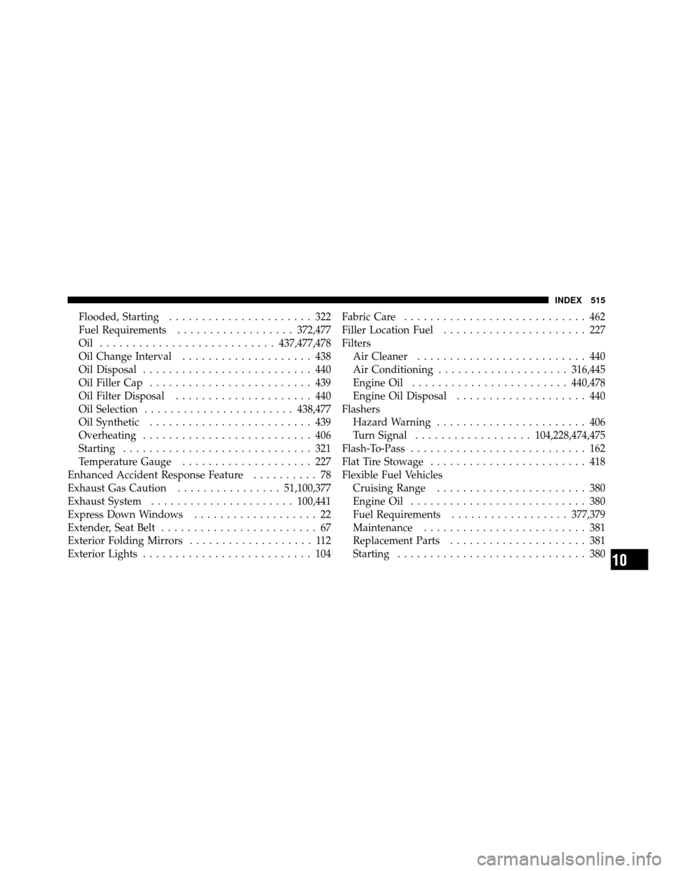 DODGE GRAND CARAVAN 2010 5.G Owners Manual 
Flooded, Starting...................... 322
Fuel Requirements .................. 372,477
Oil ........................... 437,477,478
Oil Change Interval .................... 438
Oil Disposal ........