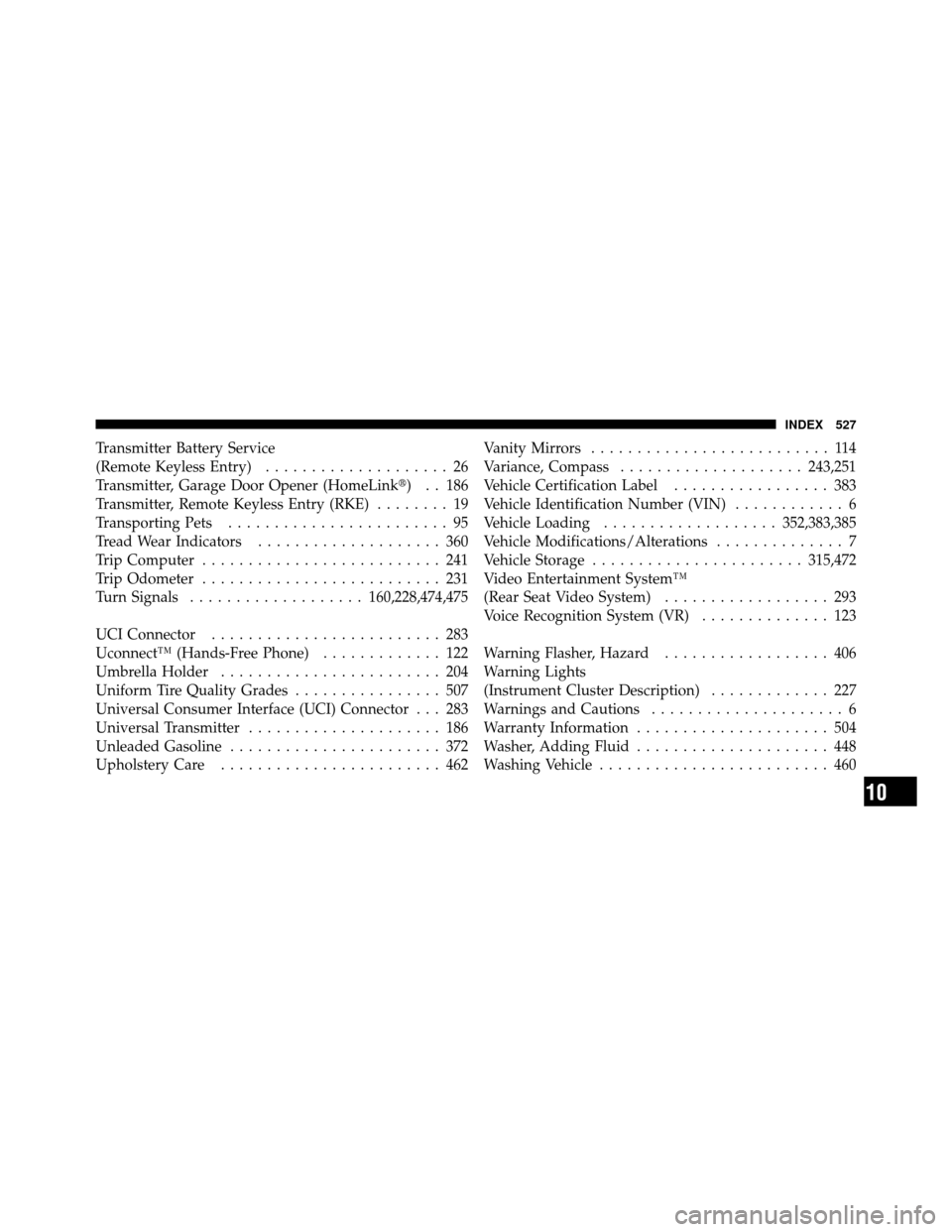 DODGE GRAND CARAVAN 2010 5.G Owners Manual 
Transmitter Battery Service
(Remote Keyless Entry).................... 26
Transmitter, Garage Door Opener (HomeLink) . . 186
Transmitter, Remote Keyless Entry (RKE) ........ 19
Transporting Pets ...