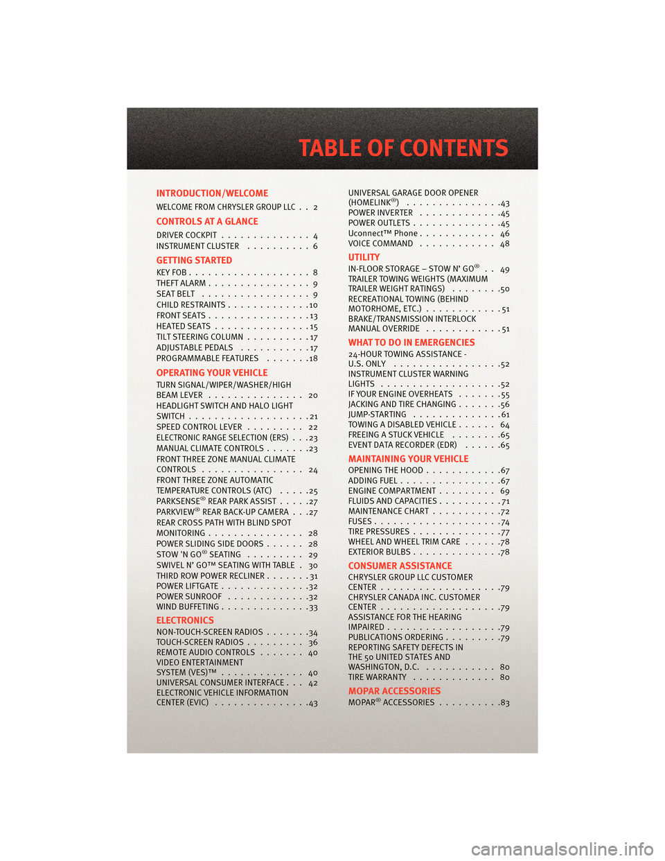 DODGE GRAND CARAVAN 2010 5.G User Guide INTRODUCTION/WELCOME
WELCOME FROM CHRYSLER GROUP LLC.. 2
CONTROLS AT A GLANCE
DRIVER COCKPIT.............. 4
INSTRUMENT CLUSTER ..........6
GETTING STARTED
KEYFOB...................8
THEFT ALARM......