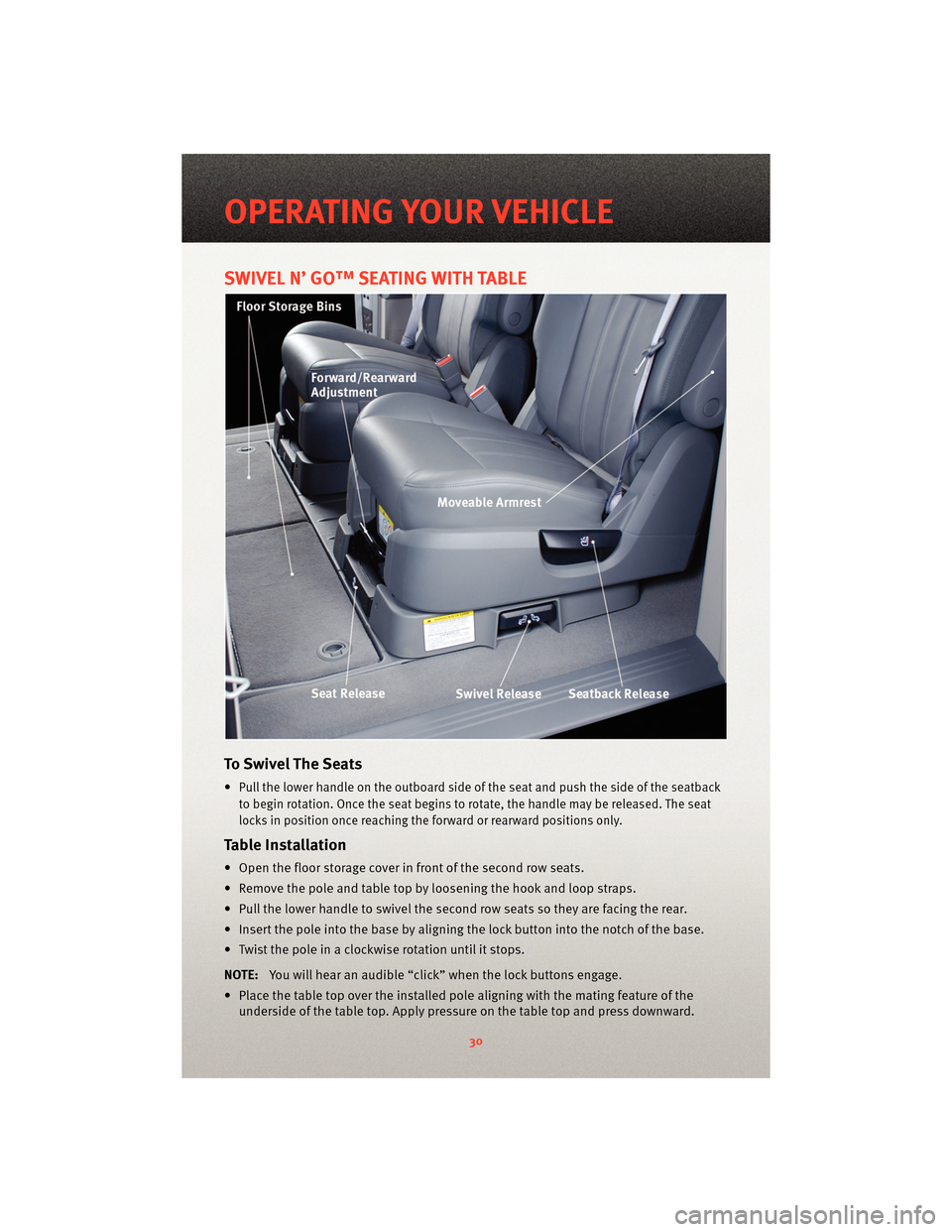 DODGE GRAND CARAVAN 2010 5.G Owners Guide SWIVEL N’ GO™ SEATING WITH TABLE
To Swivel The Seats
•Pull the lower handle on the outboard side of the seat and push the side of the seatback
to begin rotation. Once the seat begins to rotate, DODGE GRAND CARAVAN 2010 5.G Owners Guide SWIVEL N’ GO™ SEATING WITH TABLE
To Swivel The Seats
•Pull the lower handle on the outboard side of the seat and push the side of the seatback
to begin rotation. Once the seat begins to rotate,