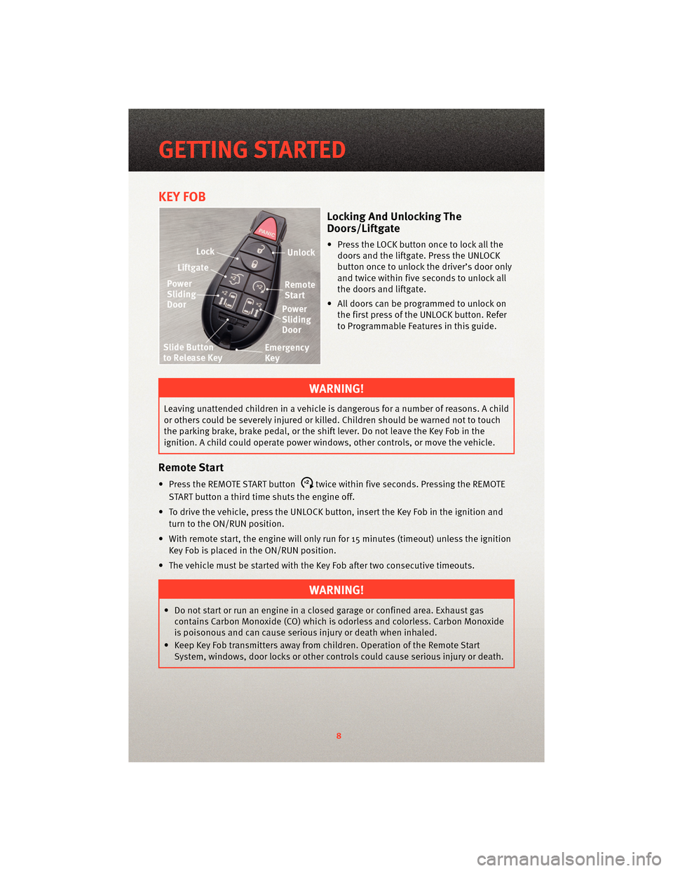 DODGE GRAND CARAVAN 2010 5.G User Guide KEY FOB
Locking And Unlocking The
Doors/Liftgate
• Press the LOCK button once to lock all thedoors and the liftgate. Press the UNLOCK
button once to unlock the driver’s door only
and twice within DODGE GRAND CARAVAN 2010 5.G User Guide KEY FOB
Locking And Unlocking The
Doors/Liftgate
• Press the LOCK button once to lock all thedoors and the liftgate. Press the UNLOCK
button once to unlock the driver’s door only
and twice within