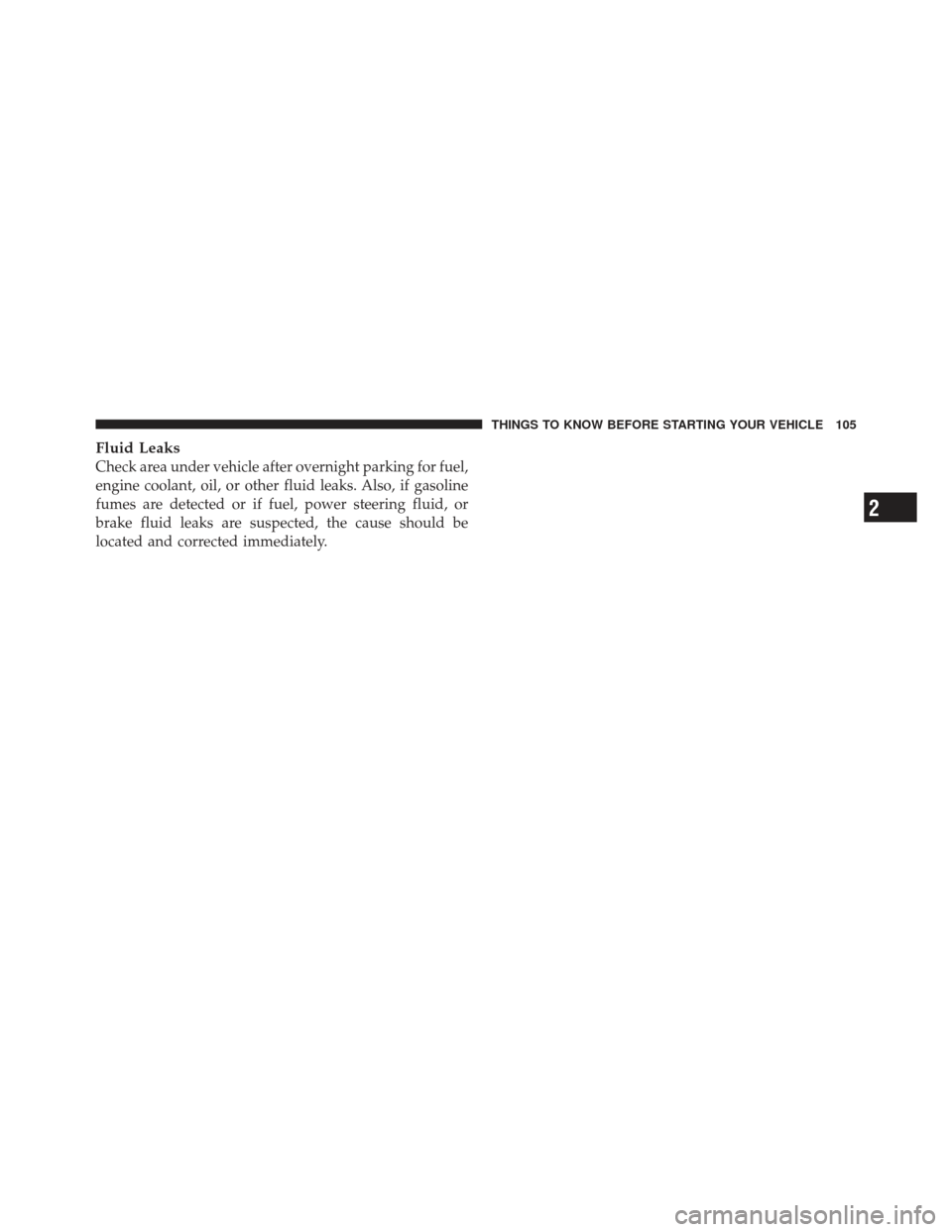 DODGE GRAND CARAVAN 2011 5.G Owners Manual Fluid Leaks
Check area under vehicle after overnight parking for fuel,
engine coolant, oil, or other fluid leaks. Also, if gasoline
fumes are detected or if fuel, power steering fluid, or
brake fluid 