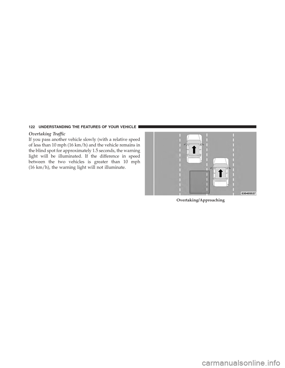 DODGE GRAND CARAVAN 2011 5.G Owners Manual Overtaking Traffic
If you pass another vehicle slowly (with a relative speed
of less than 10 mph (16 km/h) and the vehicle remains in
the blind spot for approximately 1.5 seconds, the warning
light wi