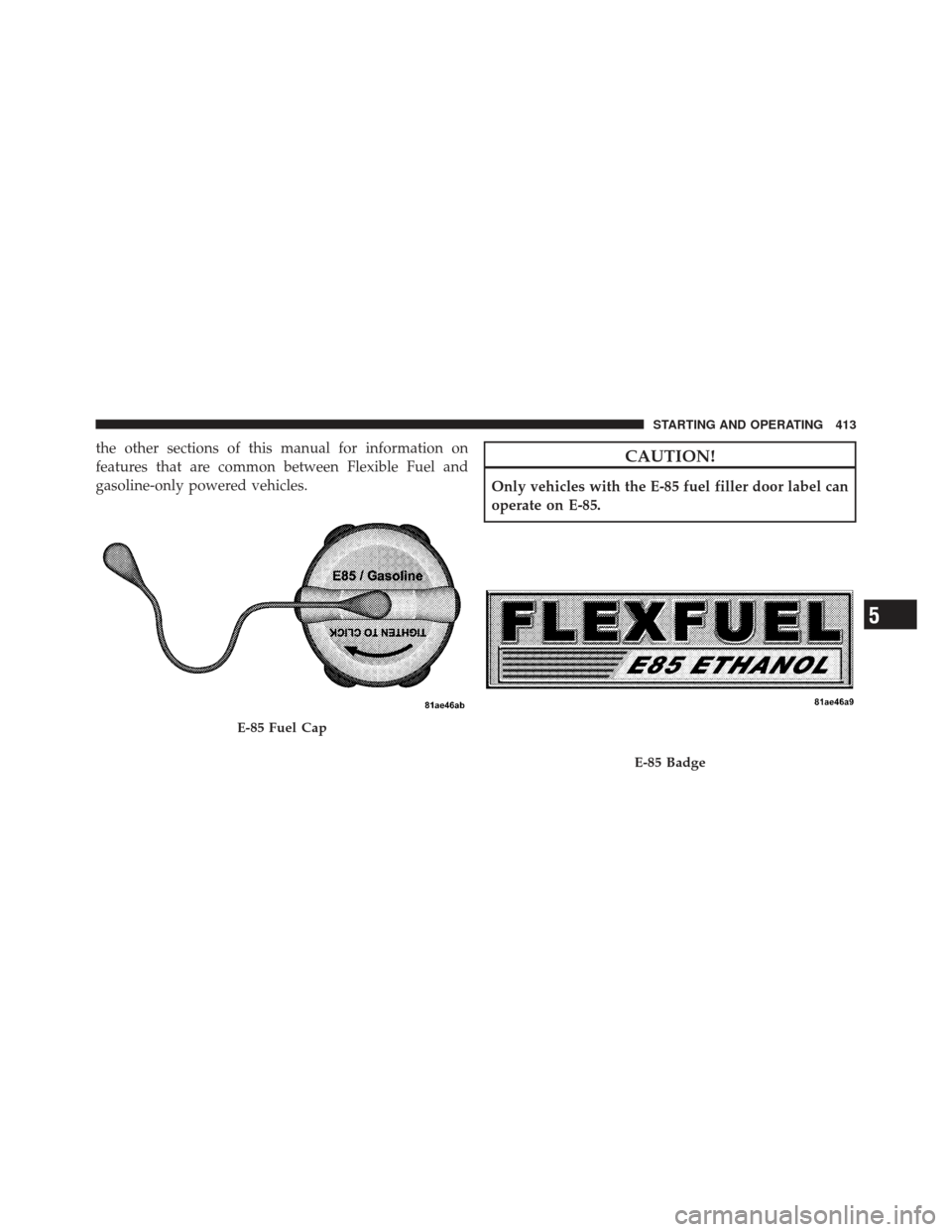 DODGE GRAND CARAVAN 2011 5.G Owners Manual the other sections of this manual for information on
features that are common between Flexible Fuel and
gasoline-only powered vehicles.CAUTION!
Only vehicles with the E-85 fuel filler door label can
o DODGE GRAND CARAVAN 2011 5.G Owners Manual the other sections of this manual for information on
features that are common between Flexible Fuel and
gasoline-only powered vehicles.CAUTION!
Only vehicles with the E-85 fuel filler door label can
o