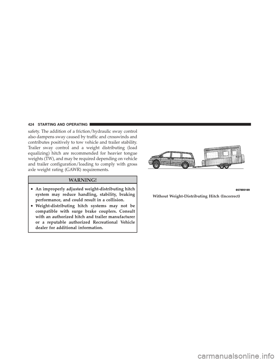 DODGE GRAND CARAVAN 2011 5.G Owners Manual safety. The addition of a friction/hydraulic sway control
also dampens sway caused by traffic and crosswinds and
contributes positively to tow vehicle and trailer stability.
Trailer sway control and a DODGE GRAND CARAVAN 2011 5.G Owners Manual safety. The addition of a friction/hydraulic sway control
also dampens sway caused by traffic and crosswinds and
contributes positively to tow vehicle and trailer stability.
Trailer sway control and a