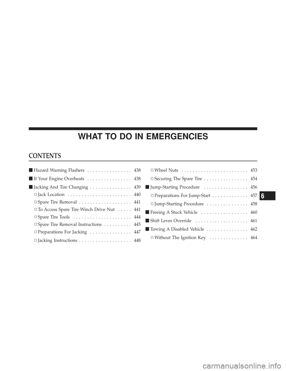 DODGE GRAND CARAVAN 2011 5.G Owners Manual WHAT TO DO IN EMERGENCIES
CONTENTS
Hazard Warning Flashers ................ 438
 If Your Engine Overheats ................ 438
 Jacking And Tire Changing ............... 439
▫ Jack Location .....