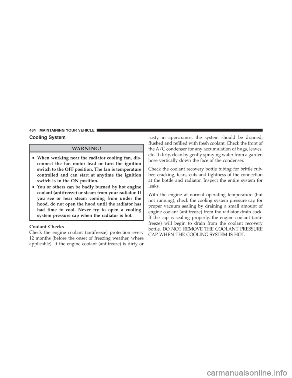 DODGE GRAND CARAVAN 2011 5.G Owners Manual Cooling System
WARNING!
•When working near the radiator cooling fan, dis-
connect the fan motor lead or turn the ignition
switch to the OFF position. The fan is temperature
controlled and can start 