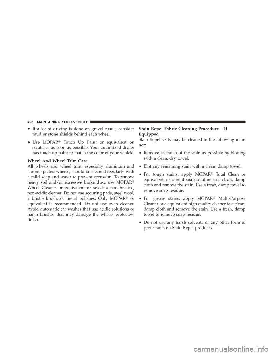 DODGE GRAND CARAVAN 2011 5.G Owners Manual •If a lot of driving is done on gravel roads, consider
mud or stone shields behind each wheel.
•Use MOPARTouch Up Paint or equivalent on
scratches as soon as possible. Your authorized dealer
has 