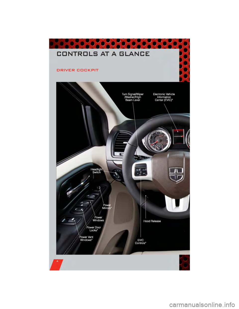 DODGE GRAND CARAVAN 2011 5.G User Guide DRIVER COCKPIT
CONTROLS AT A GLANCE
4 