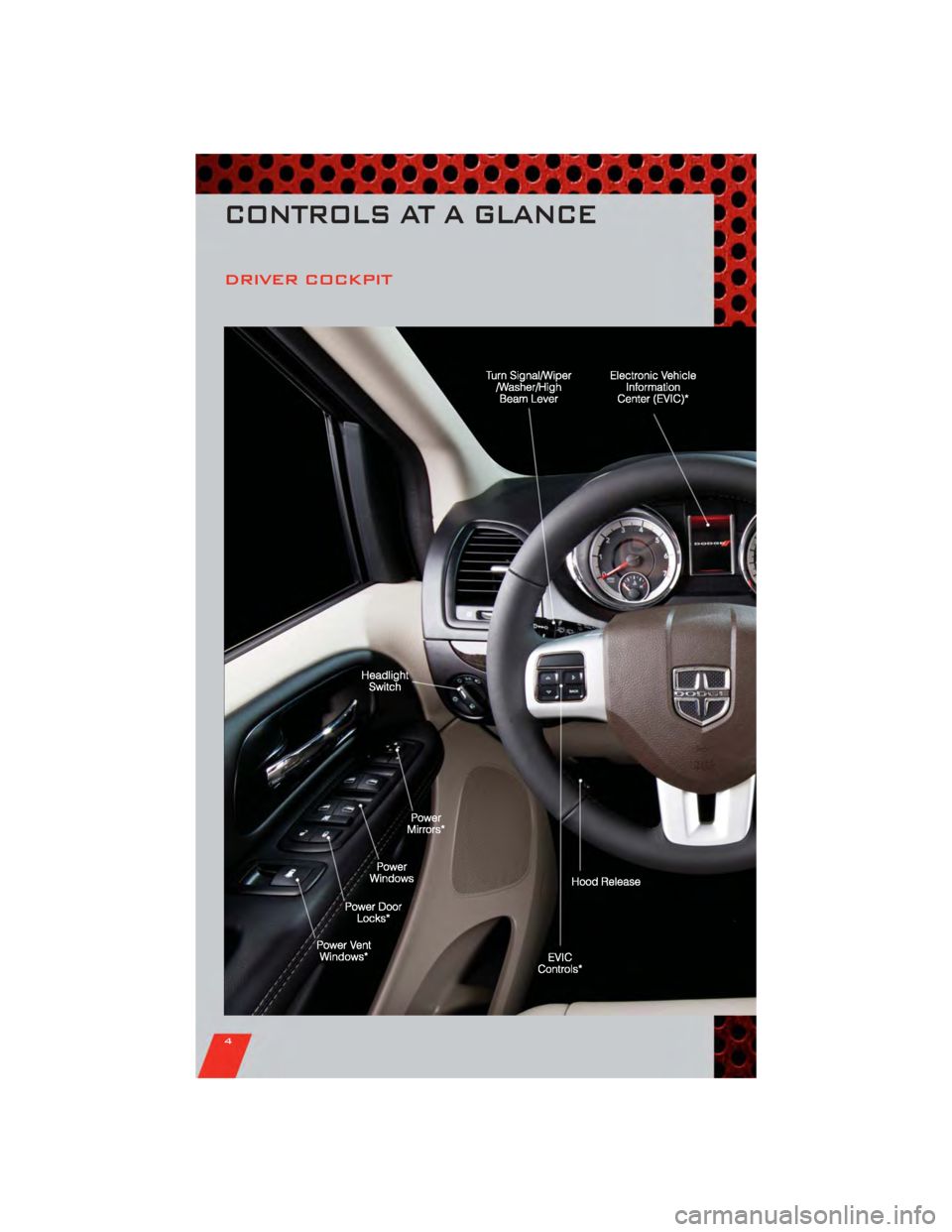 DODGE GRAND CARAVAN 2011 5.G User Guide DRIVER COCKPIT
CONTROLS AT A GLANCE
4 DODGE GRAND CARAVAN 2011 5.G User Guide DRIVER COCKPIT
CONTROLS AT A GLANCE
4
