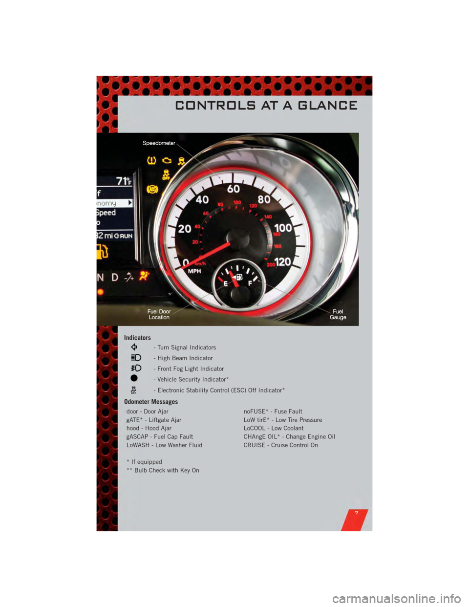 DODGE GRAND CARAVAN 2011 5.G User Guide Indicators
- Turn Signal Indicators
- High Beam Indicator
- Front Fog Light Indicator
- Vehicle Security Indicator*
- Electronic Stability Control (ESC) Off Indicator*
Odometer Messages
door - Door Aj DODGE GRAND CARAVAN 2011 5.G User Guide Indicators
- Turn Signal Indicators
- High Beam Indicator
- Front Fog Light Indicator
- Vehicle Security Indicator*
- Electronic Stability Control (ESC) Off Indicator*
Odometer Messages
door - Door Aj