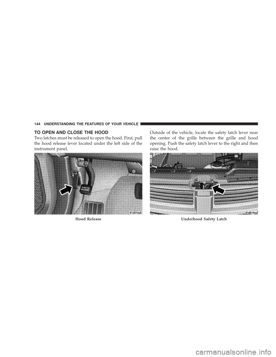 DODGE JOURNEY 2009 1.G Owners Manual TO OPEN AND CLOSE THE HOOD
Two latches must be released to open the hood. First, pull
the hood release lever located under the left side of the
instrument panel.Outside of the vehicle, locate the safe DODGE JOURNEY 2009 1.G Owners Manual TO OPEN AND CLOSE THE HOOD
Two latches must be released to open the hood. First, pull
the hood release lever located under the left side of the
instrument panel.Outside of the vehicle, locate the safe