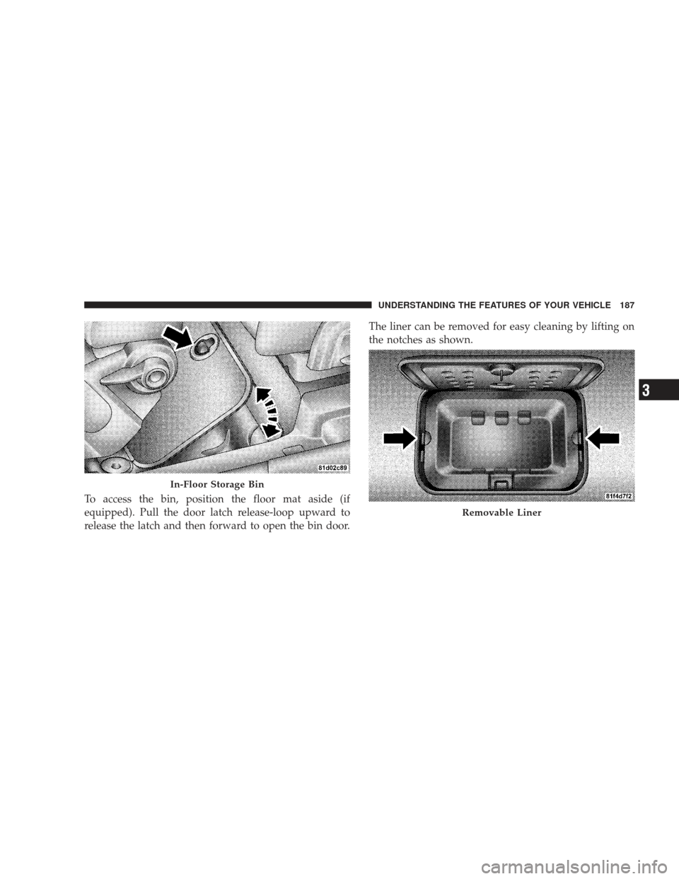 DODGE JOURNEY 2009 1.G Owners Manual To access the bin, position the floor mat aside (if
equipped). Pull the door latch release-loop upward to
release the latch and then forward to open the bin door.The liner can be removed for easy clea