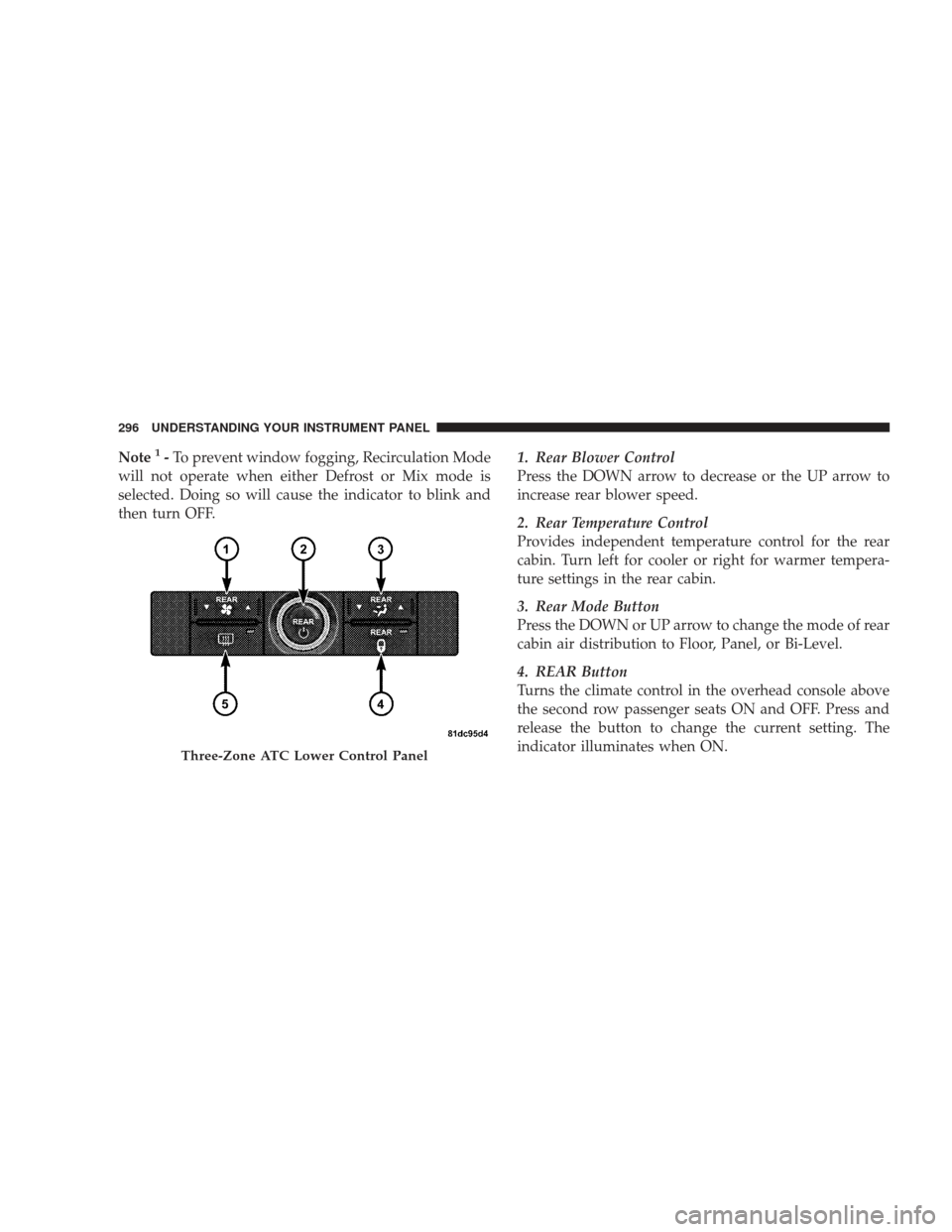 DODGE JOURNEY 2009 1.G Owners Manual Note1-To prevent window fogging, Recirculation Mode
will not operate when either Defrost or Mix mode is
selected. Doing so will cause the indicator to blink and
then turn OFF. 1. Rear Blower Control
P