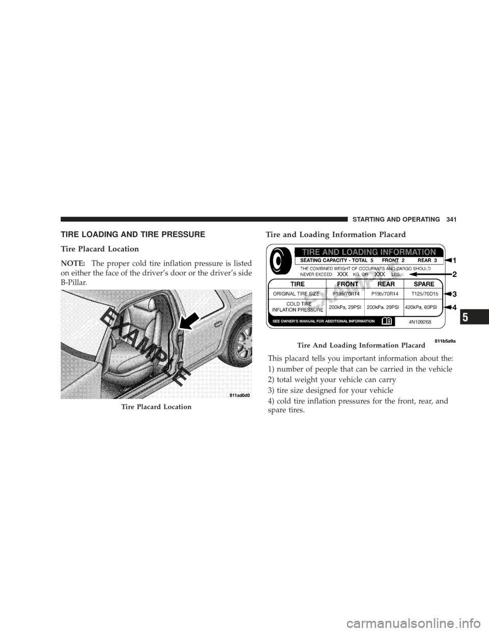 DODGE JOURNEY 2009 1.G Owners Manual TIRE LOADING AND TIRE PRESSURE
Tire Placard Location
NOTE:The proper cold tire inflation pressure is listed
on either the face of the driver’s door or the driver’s side
B-Pillar.
Tire and Loading 