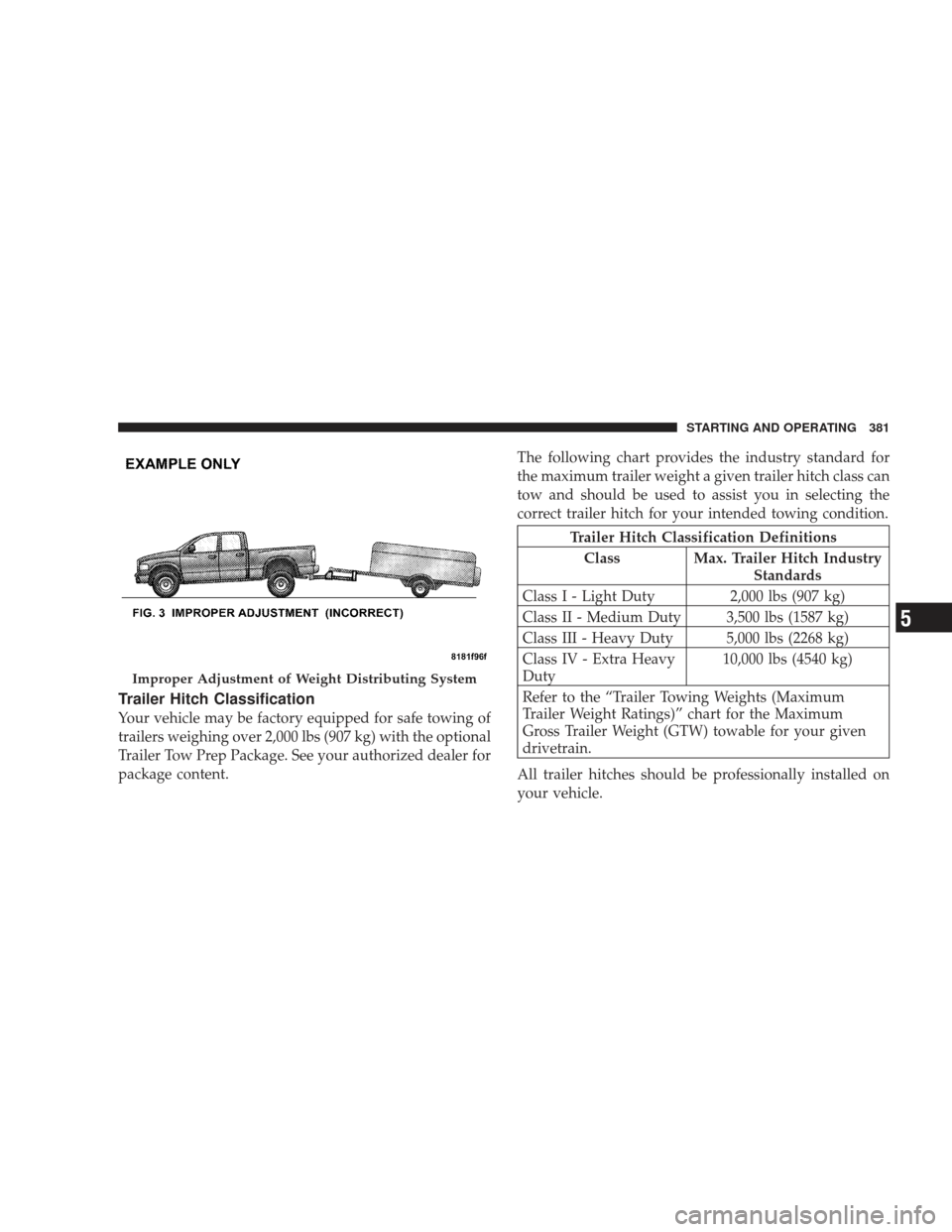 DODGE JOURNEY 2009 1.G Owners Manual Trailer Hitch Classification
Your vehicle may be factory equipped for safe towing of
trailers weighing over 2,000 lbs (907 kg) with the optional
Trailer Tow Prep Package. See your authorized dealer fo DODGE JOURNEY 2009 1.G Owners Manual Trailer Hitch Classification
Your vehicle may be factory equipped for safe towing of
trailers weighing over 2,000 lbs (907 kg) with the optional
Trailer Tow Prep Package. See your authorized dealer fo