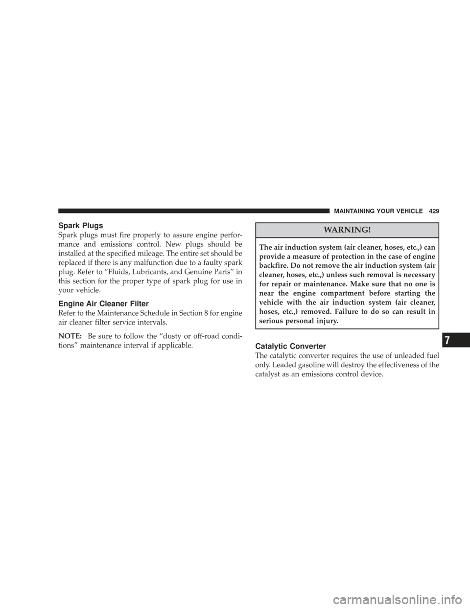 DODGE JOURNEY 2009 1.G Owners Manual Spark Plugs
Spark plugs must fire properly to assure engine perfor-
mance and emissions control. New plugs should be
installed at the specified mileage. The entire set should be
replaced if there is a