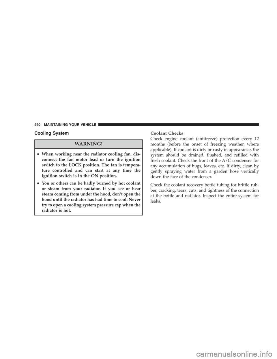 DODGE JOURNEY 2009 1.G Owners Manual Cooling System
WARNING!
•When working near the radiator cooling fan, dis-
connect the fan motor lead or turn the ignition
switch to the LOCK position. The fan is tempera-
ture controlled and can sta