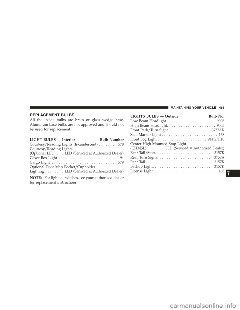 DODGE JOURNEY 2009 1.G Owners Manual REPLACEMENT BULBS
All the inside bulbs are brass or glass wedge base.
Aluminum base bulbs are not approved and should not
be used for replacement.
LIGHT BULBS — Interior Bulb Number
Courtesy/Reading