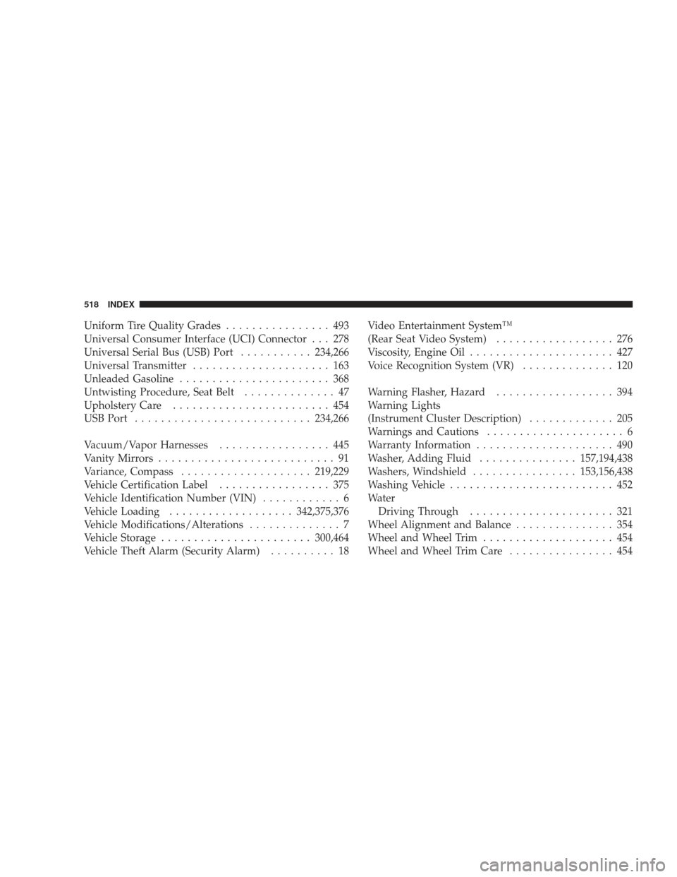 DODGE JOURNEY 2009 1.G Owners Manual Uniform Tire Quality Grades................ 493
Universal Consumer Interface (UCI) Connector . . . 278
Universal Serial Bus (USB) Port ...........234,266
Universal Transmitter ..................... 16