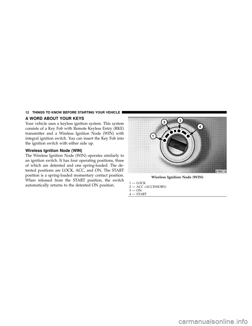 DODGE JOURNEY 2010 1.G User Guide A WORD ABOUT YOUR KEYS
Your vehicle uses a keyless ignition system. This system
consists of a Key Fob with Remote Keyless Entry (RKE)
transmitter and a Wireless Ignition Node (WIN) with
integral ignit