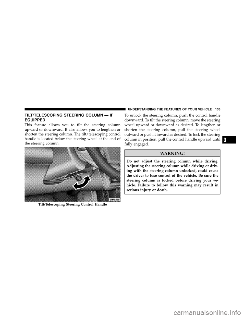 DODGE JOURNEY 2010 1.G Owners Manual TILT/TELESCOPING STEERING COLUMN — IF
EQUIPPED
This feature allows you to tilt the steering column
upward or downward. It also allows you to lengthen or
shorten the steering column. The tilt/telesco